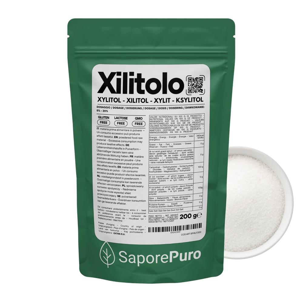 SaporePuro Xilitolo natural sweetener with fewer calories, shown in a clear bag, from EU origin, in a close-up shot.